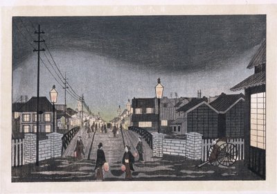 Éjszakai kilátás, Nihonbashi (színes fatömb nyomat) alkotó: Ryuson Ogura
