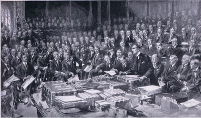 Az 1914. augusztus 3-i parlament történetének egyik legjelentősebb eseménye a Cassells History of the British People-ből, a Waverley Book Company Limited által kiadott, 1940 körül. alkotó: S. Begg