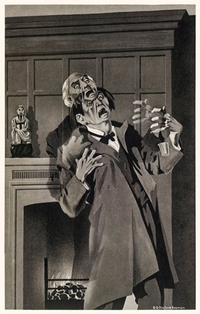 Úgy tűnt, hogy a jellemzők elolvadtak és megváltoztak" Robert Louis Stevenson (1850-1894) "Dr. Jekyll és Mr. Hyde különös esetéből". S.G. Hulme Beamam (1887-1932) illusztrációja egy 1930-as kiadáshoz. További információkat lásd alább. alkotó: S. G. Hulme Beamam