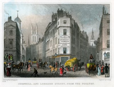 Cornhill és Lombard Street a Poultryből, London City, 1830. alkotó: S. Lacey