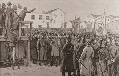 Rendőrség őrködik egy kormányriporteren a „Plan of Campaign Meeting”-en, a „The Illustrated London News”-ból, 1887. január 8. (metszet) alkotó: S. T. Dadd