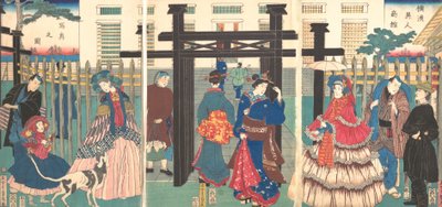 Külföldi üzleti vállalkozás Yokohamában, 1861. alkotó: Sadahide Utagawa