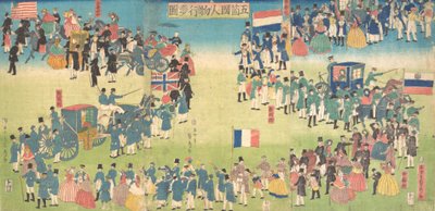 Öt ország embereinek körmenete: Hollandia, Oroszország, Franciaország, Anglia és Amerika, 1861., alkotó: Sadahide Utagawa