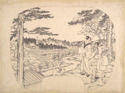 Két nő csodálja a látnivalókat egy nézőpontból... a Zenpukuji templom, 19. század. alkotó: Sadahide Utagawa
