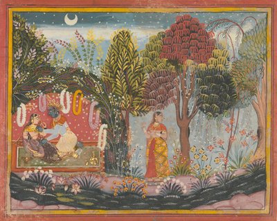 Krishna és Radha in a Bower: Oldal egy szétszórt Gita Govindából, kb. 1665. alkotó: Sahibdin