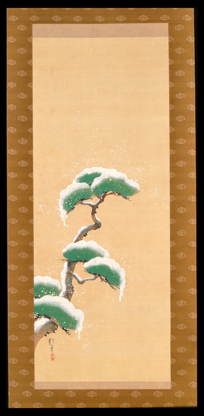 Hóba burkolt fenyőt ábrázoló függő tekercs, a Három évszak triptichonjából, japán, 19. század eleje alkotó: Sakai Hoitsu