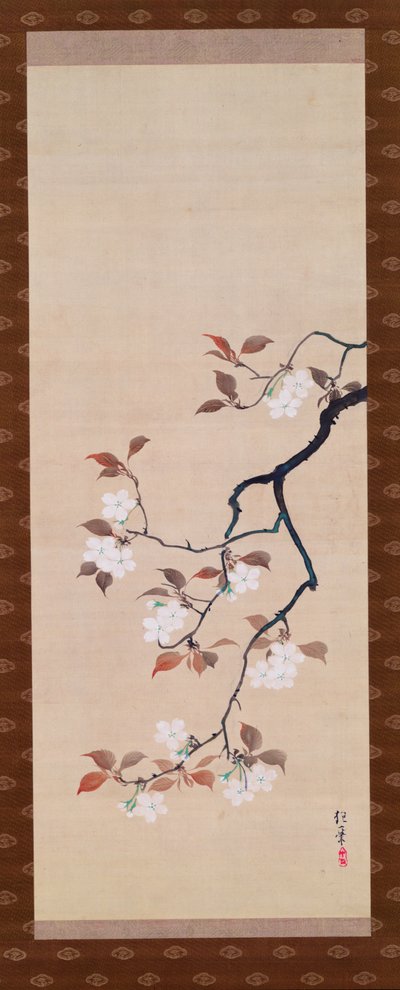Cseresznyevirágzást ábrázoló függőtekercs, a Három évszak triptichonjából, japán, 19. század eleje alkotó: Sakai Hoitsu