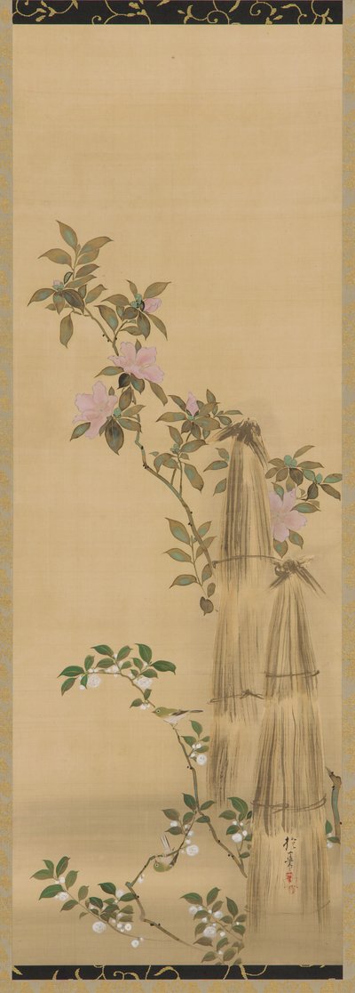 Rózsaszín és fehér virágok és szalmatakarók, Edo-korszak, 1761-1828. alkotó: Sakai Hoitsu
