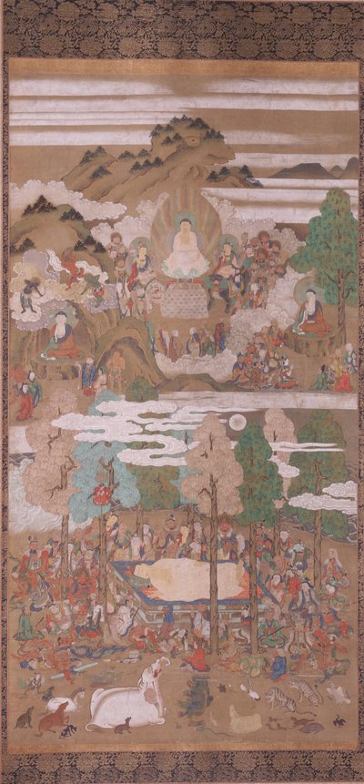 Sakyamuni Buddha halála (tus, színes és arany, selyem) alkotó: Sakon Sadatsuna