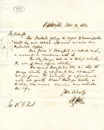 Levelet írt alá S. P. Chase, Washington, W. G. Eliotnak 1862. március 31 -én alkotó: Salmon P. Chase