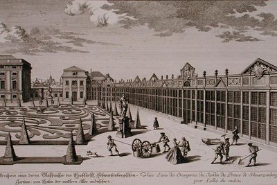A bécsi Schwarzenberg herceg kertjében található egyik narancsház képe, Georg-Daniel Heumann (1691-1759) metszete, 1724-37 körül megjelent (metszet) (lásd még: 170855) alkotó: Salomon (after) Kleiner