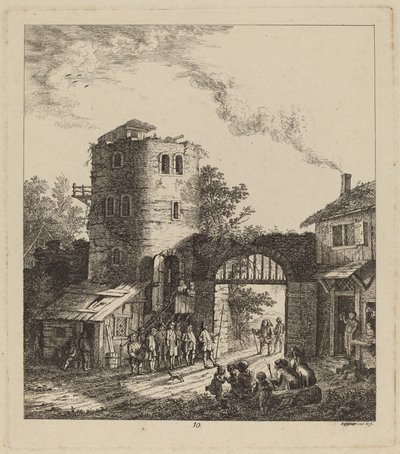 Falusiak a városkapunál egy méltóságot köszöntenek, 1764. alkotó: Salomon Gessner