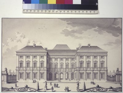 Egész oldal: a rosaui Liechtenstein-palota kerti homlokzatának elülső nézete (tollrajz) alkotó: Salomon Kleiner