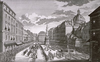 Georg-Daniel Heumann (1691-1759) gravírozása egy felvonulásról a Grabenben alkotó: Salomon Kleiner