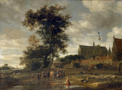 Jelenet májusfa előtt Alkmaar templommal a háttérben, 1669 alkotó: Salomon Ruysdael