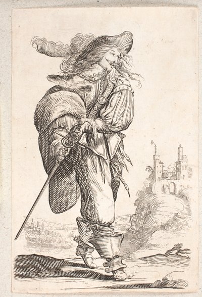 Sétáló férfi, háromnegyed profilú, csípőjénél fogva a kévét. A háttérben egy kastély alkotó: Salomon Savery