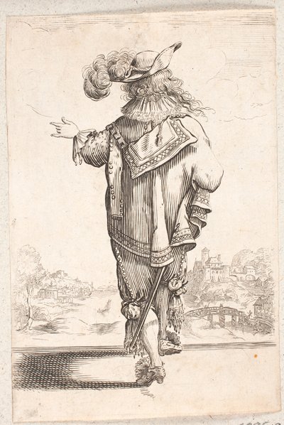 Járó, hátrafordult, tollas kalapos, bal kezével integető férfi. A háttérben t.h. város a folyó mellett alkotó: Salomon Savery