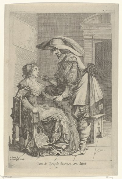 A férfi érmét kínál egy nőnek Dats de Bruydt daermen om danst (cím a tárgyon) alkotó: Salomon Savery