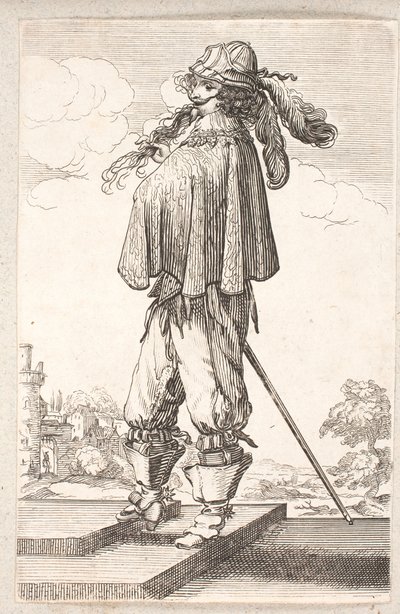 Férfi, profil balra, címerrel és tollas kalappal, két lépcsőfokon megy felfelé alkotó: Salomon Savery