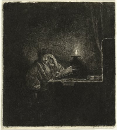 Diák egy asztalnál gyertyafénynél alkotó: Salomon Savery