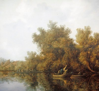 Folyói táj evezős csónakos halászokkal, akik fogást emelnek (olaj a panelen) alkotó: Salomon van Ruisdael or Ruysdael