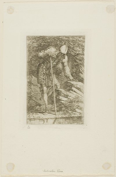 Egy harcos teljes páncélban egy barlangban alkotó: Salvator Rosa
