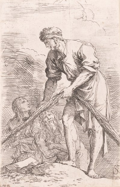 Egy férfi hálót húz két figurával a háta mögött, a „Figurine” sorozatból, kb. ..., kb. 1656-1657. alkotó: Salvator Rosa