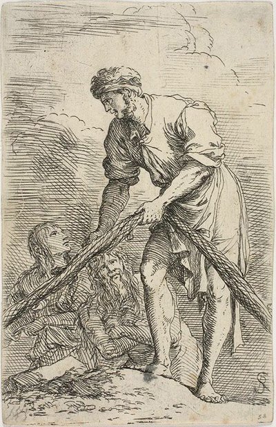 Egy hálót húzó férfi két figurával a háta mögött, a Figurine sorozatból alkotó: Salvator Rosa