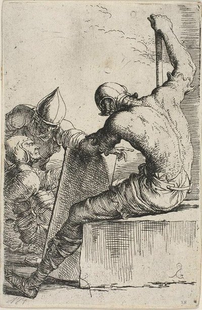 Egy harcos, aki egy előtérben ül, pajzsot és botot tart, és két mögötte lévő harcos felé fordul a Figurine sorozatból alkotó: Salvator Rosa