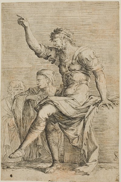 Egy harcos ül egy blokkon, és int; két figura áll mögötte, a Figurine sorozatból alkotó: Salvator Rosa
