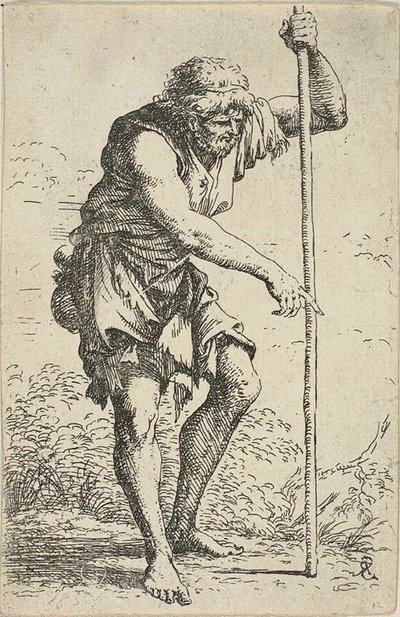 Egy öreg, rongyos férfi bottal és földdel a csípőjénél, a Figurinából alkotó: Salvator Rosa