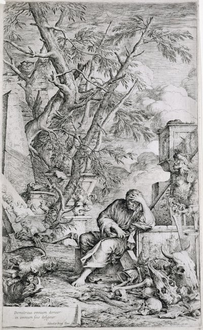 Démokritosz a meditációban (metszet) alkotó: Salvator Rosa