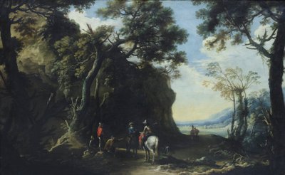 Tájkép az utat kérő utazókkal, 1641 körül (olaj, vászon) alkotó: Salvator Rosa