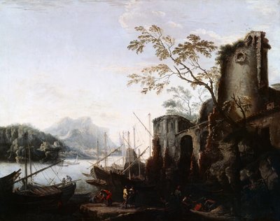 Tengeri táj tornyokkal, hajókkal és romokkal (Tengeri táj tornyokkal), 1645 körül, alkotó: Salvator Rosa