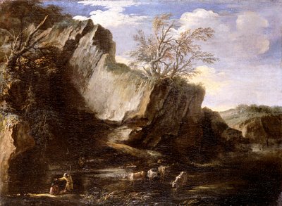 „Sziklás táj pásztorokkal és jószágokkal”, 1625-1673 alkotó: Salvator Rosa