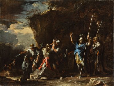 Jelenet a görög történelemből: Krőzus király süketnéma fia megakadályozza, hogy a perzsák megöljék apját alkotó: Salvator Rosa