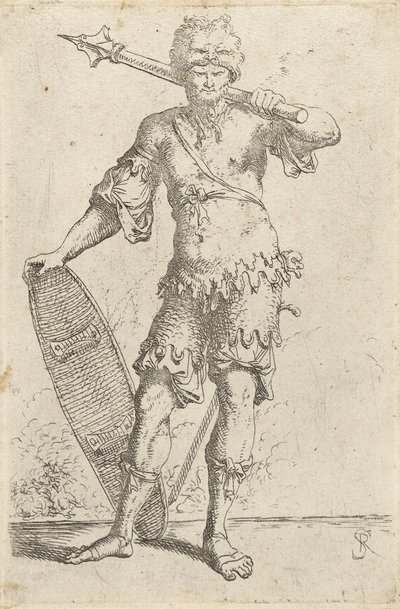 Álló egzotikus harcos, oroszlánfejű sapkát viselő, buzogányt és pajzsot tart, 1656-57 körül (rézkarc fektetett papírra) alkotó: Salvator Rosa