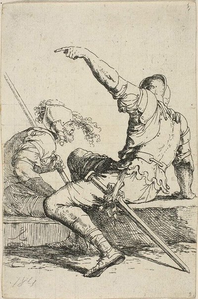Két harcos ül alacsony sziklákon alkotó: Salvator Rosa
