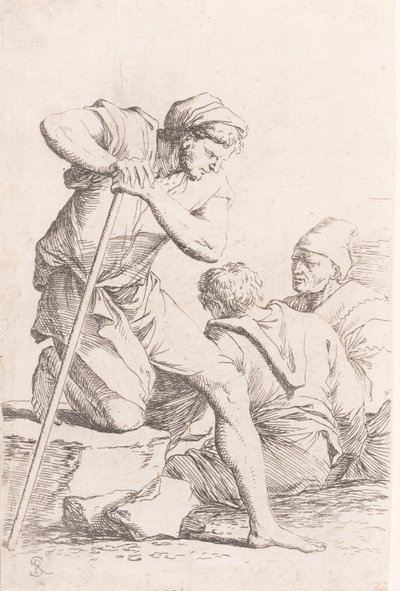 Két férfi ül, és egy másik férfi, aki egy botot tart egy sziklán, a szeri..., kb. 1656-1657. alkotó: Salvator Rosa