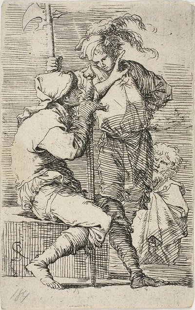 Két harcos, az egyik kardot, a másik alabárdot tart; egy öreg szakállas férfi mögöttük, Figurinából alkotó: Salvator Rosa
