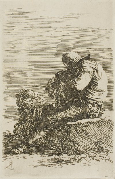 Két harcos, az egyik alszik az előtérben lévő sziklán ülve, a Figurine sorozatból alkotó: Salvator Rosa