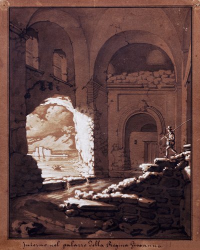 Giovanna királynő palotája belseje (ceruza, tusmosás és fehér tempera) alkotó: Salvatore Cammarano