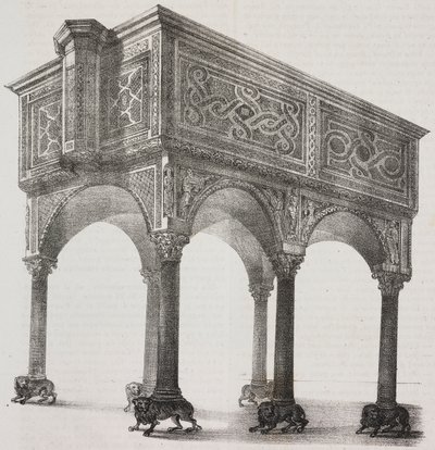 Ősi ambo Sessa Aurunca katedrálisban, Campania, Olaszország, Salvatore Puglia litográfiája Pasquale Mattei (1813-1879) rajza nyomán a Poliorama Pittoresco-ból, n. 43, május 31. alkotó: Salvatore Puglia