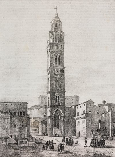 Gaeta katedrális harangtornya, Lazio, Olaszország, Salvatore Puglia litográfiája Pasquale Mattei (1813-1879) rajza alapján, Poliorama Pittoresco, 48. szám, július 6. alkotó: Salvatore Puglia