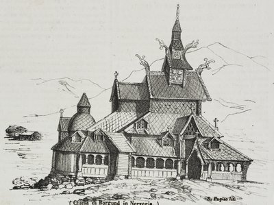 Borgund Stave Church, Norvégia, Salvatore Puglia litográfiája, Poliorama Pittoresco, 40. szám, május 14. alkotó: Salvatore Puglia