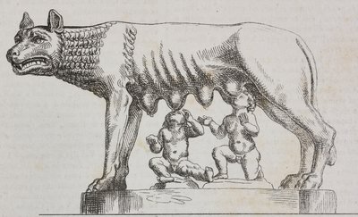 Capitoliumi nőstényfarkas, bronzszobor, Róma, Lazio, Olaszország, Salvatore Puglia litográfiája a Poliorama Pittoresco-ból, n. 25, január 25. alkotó: Salvatore Puglia