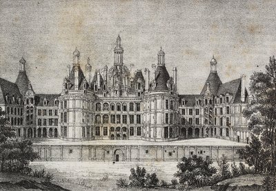 Chambord kastély, Franciaország, Salvatore Puglia litográfiája a Poliorama Pittorescoból, n. 39, május 6. alkotó: Salvatore Puglia
