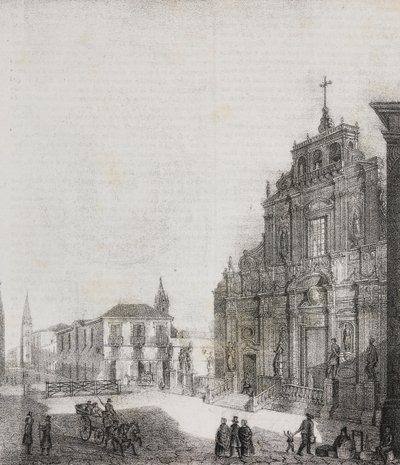 A San Sebastiano-bazilika homlokzata Acireale-ban, Szicília, Olaszország, Salvatore Puglia litográfiája, Poliorama Pittoresco, n. 39, május 3. alkotó: Salvatore Puglia