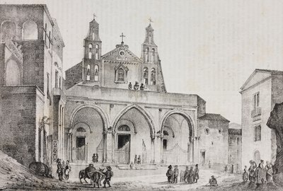 Sessa Aurunca székesegyházának homlokzata, Campania, Olaszország, Salvatore Puglia litográfiája Pasquale Mattei (1813-1879) rajza nyomán a Poliorama Pittoresco-ból, 42. szám, május 24. alkotó: Salvatore Puglia