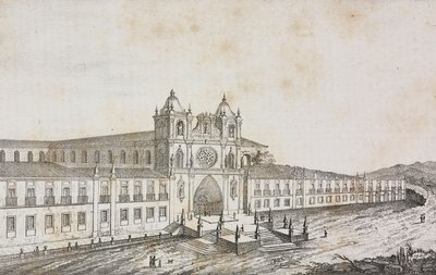 Alcobaca kolostorának homlokzata, Portugália, Salvatore Puglia litográfiája, Poliorama Pittoresco, 50. szám, július 19. alkotó: Salvatore Puglia
